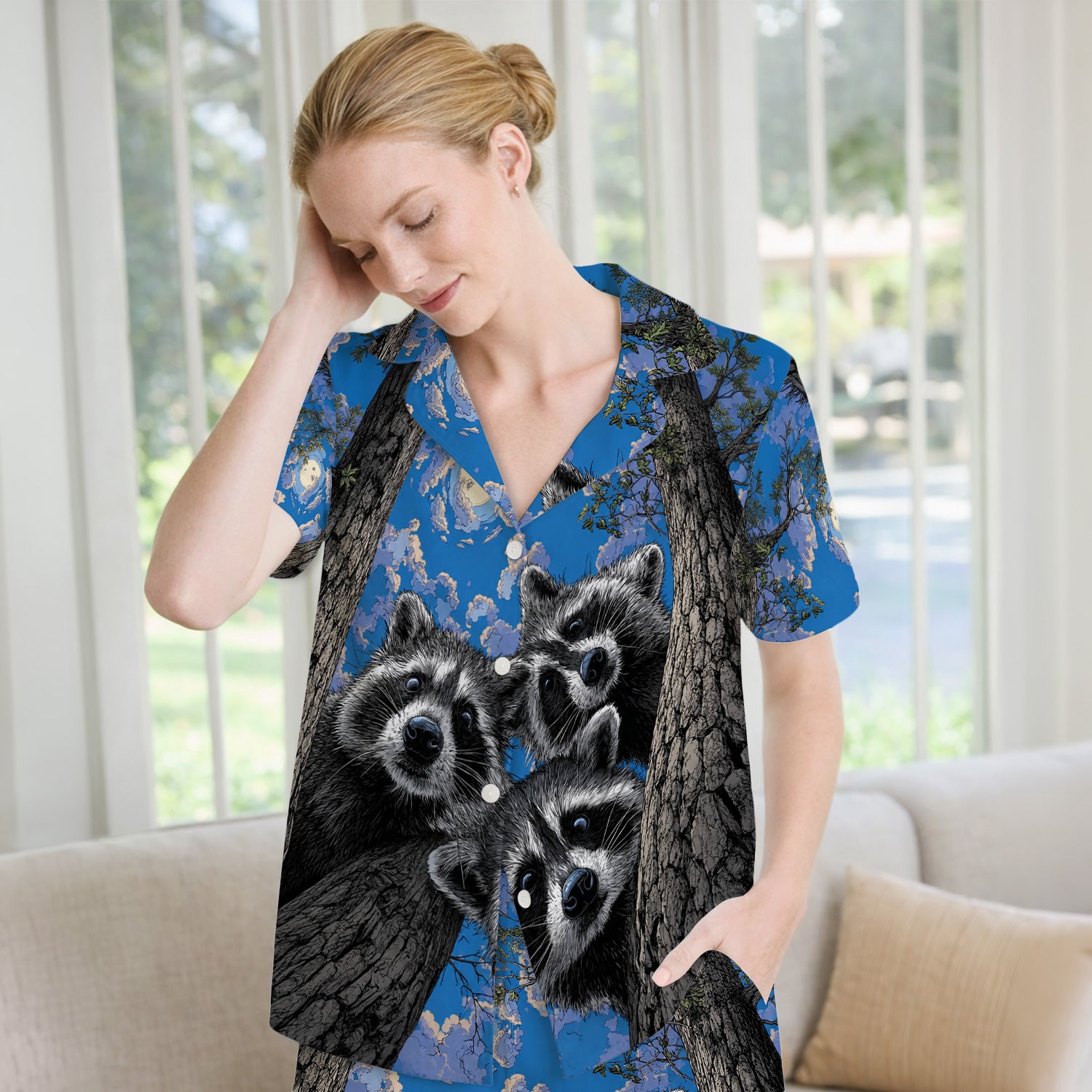 Cute Raccoon Tree Veterinary Pattern Pajama Set, Soft Breathable Fabric Comfortable Sleepwear