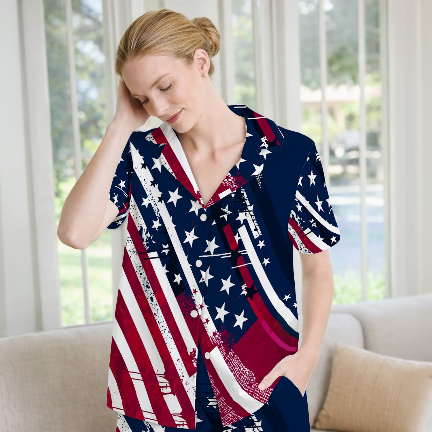 Patriotic USA Flag Stars And Stripes Grunge Pattern Pajama Set, Soft Breathable Fabric Comfortable Sleepwear