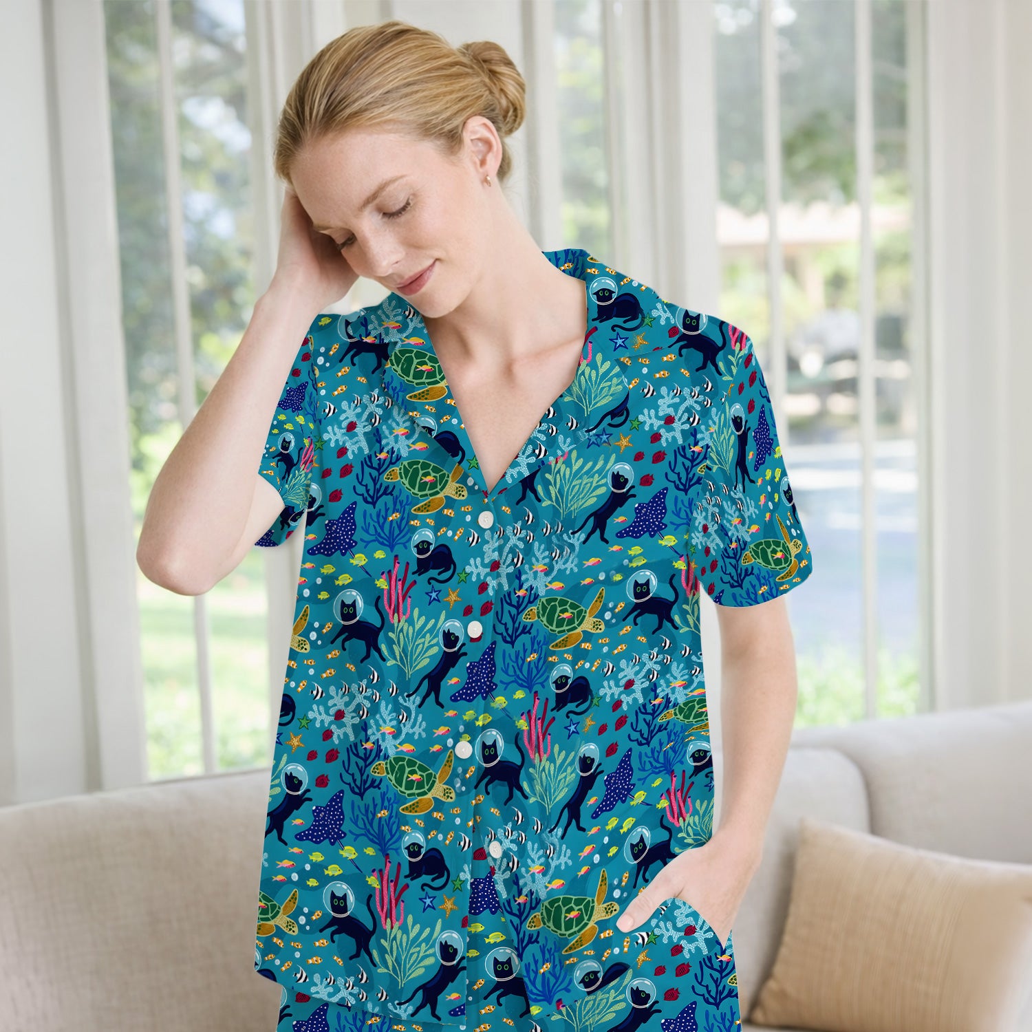 Underwater Cat Turtle Veterinary Pattern Pajama Set, Soft Breathable Fabric Comfortable Sleepwear