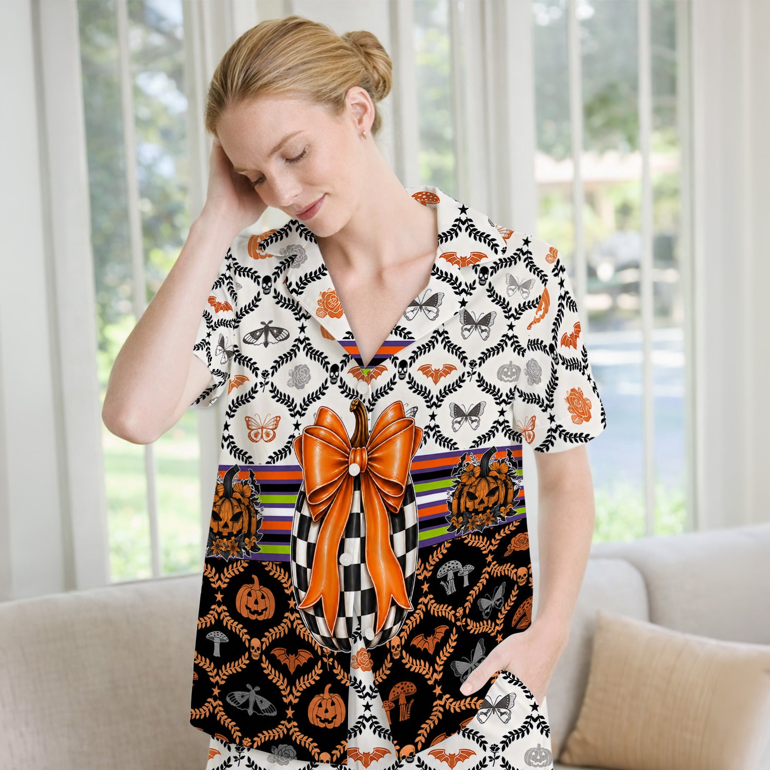 Halloween Checkered Pumpkin With Bow Pattern Pajama Set, Soft Breathable Fabric Comfortable Sleepwear