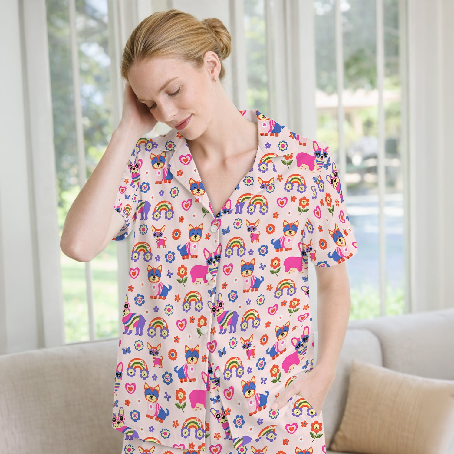 Colorful Cartoon Dogs With Rainbow Flowers Pattern Pajama Set, Soft Breathable Fabric Comfortable Sleepwear