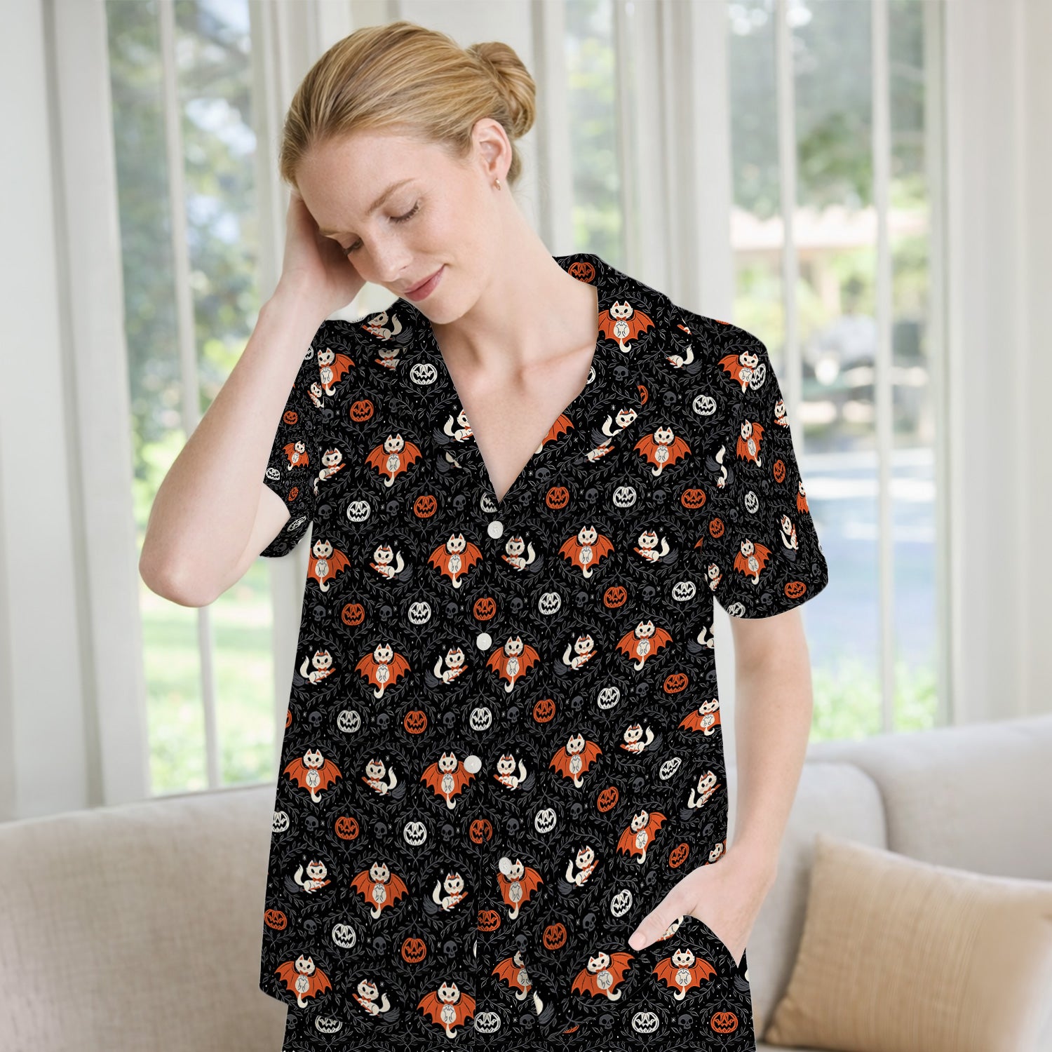 Cute Halloween Vampire Cat Pattern Pajama Set, Soft Breathable Fabric Comfortable Sleepwear