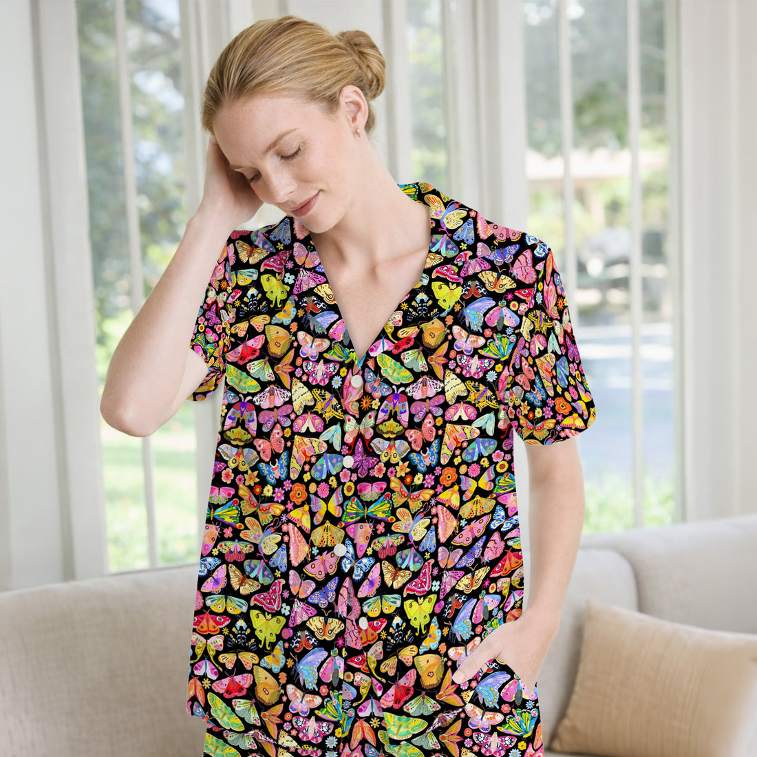 Cute Bright Butterfly Moth Floral Pajama Set, Soft Breathable Fabric Comfortable Sleepwear