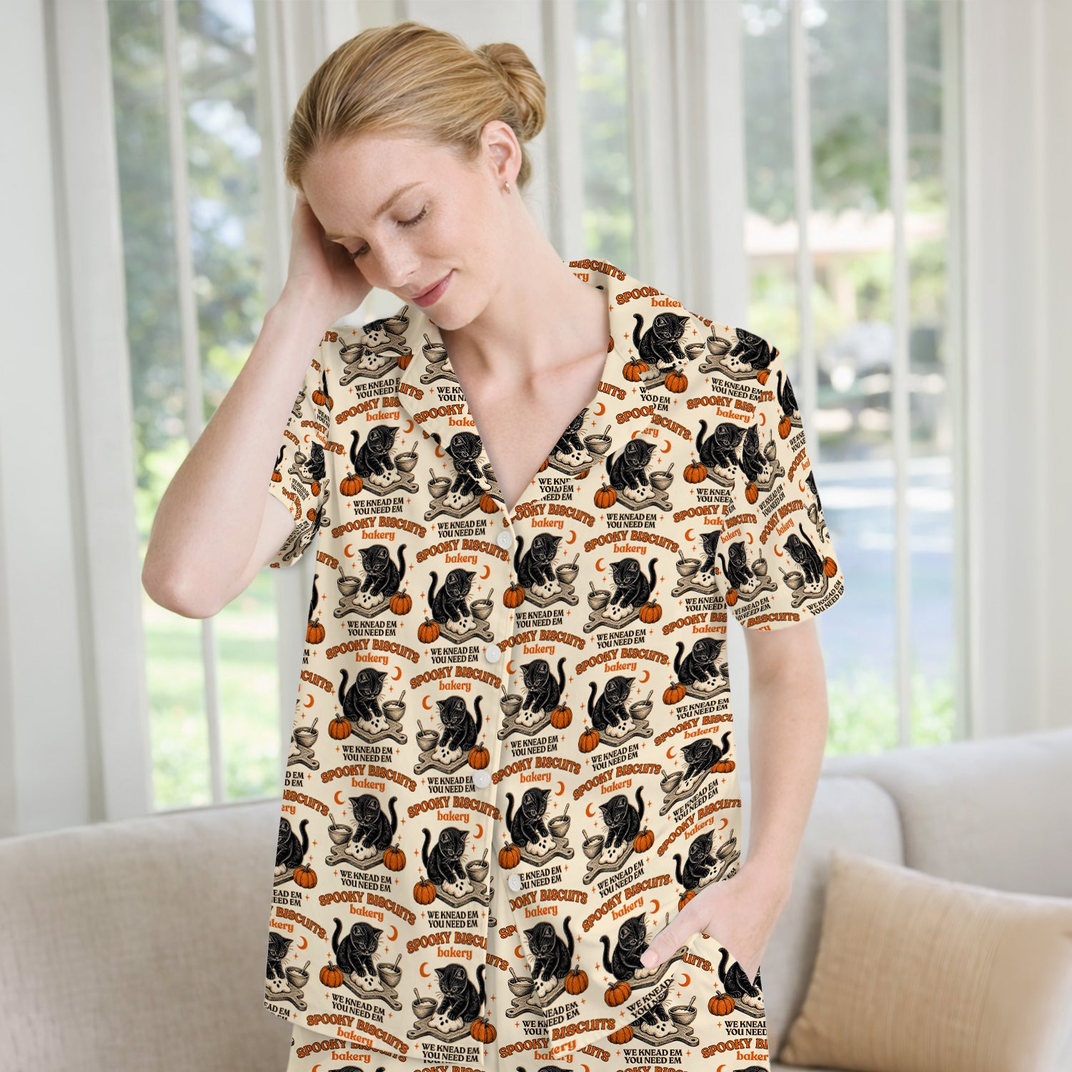 Funny Halloween Black Cat Pajama Set, Soft Breathable Fabric Comfortable Sleepwear