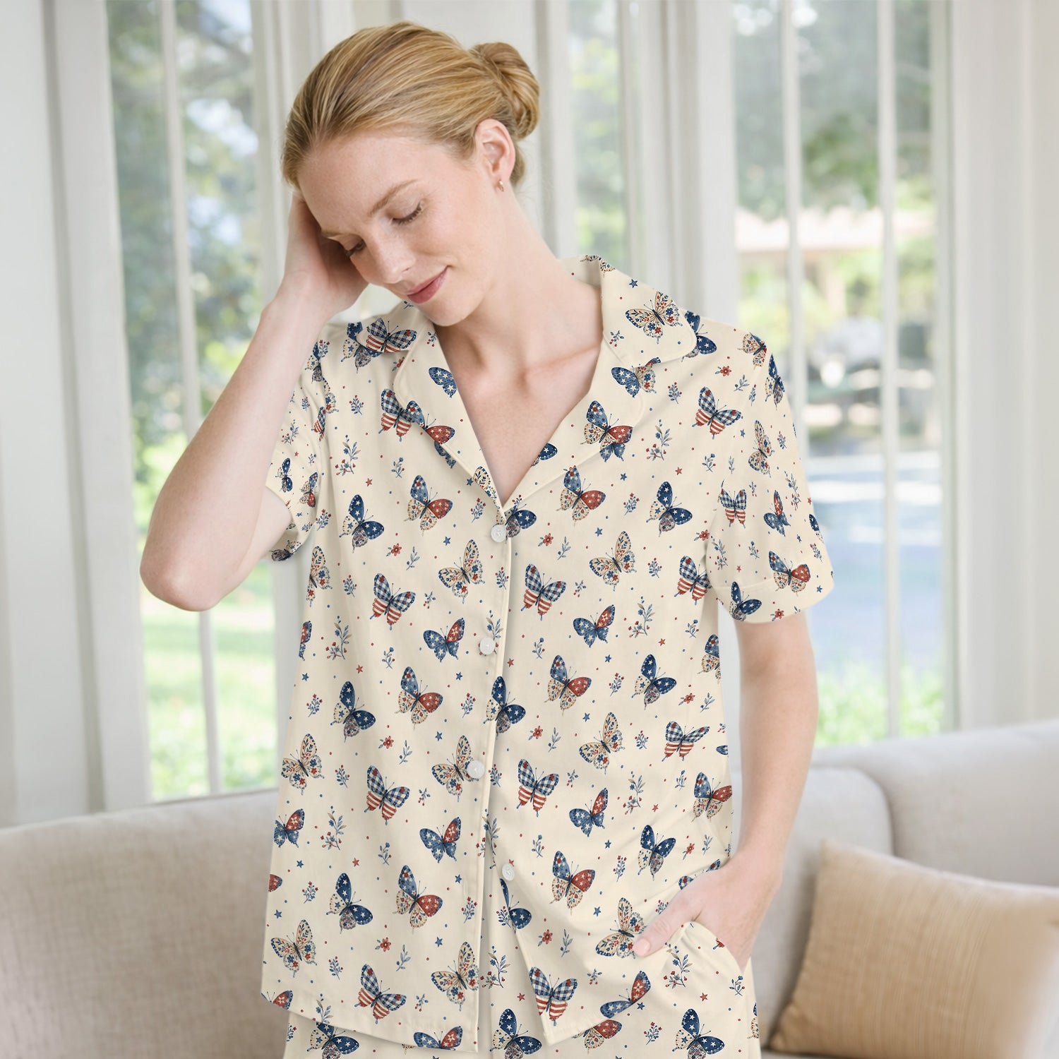 Fourth Of July Butterfly Print Pajama Set, Soft Breathable Fabric Comfortable Sleepwear