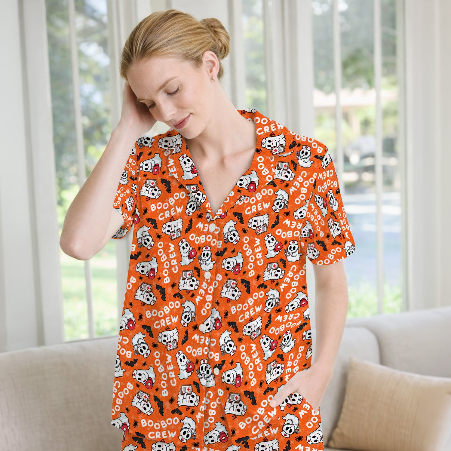 Cute Halloween Boo Boo Crew Ghost Pajama Set, Soft Breathable Fabric Comfortable Sleepwear