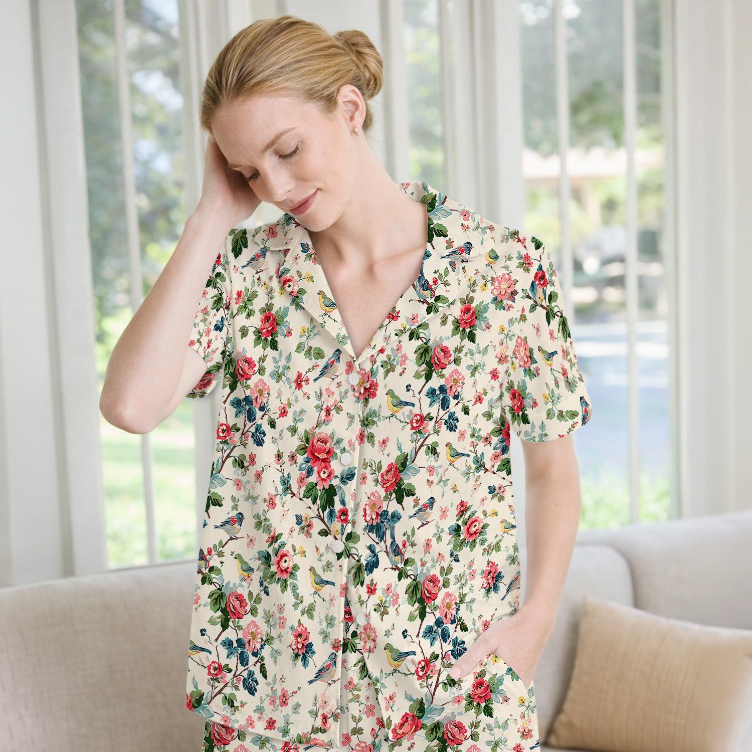 Songbird Rose Garden Pattern Pajama Set, Soft Breathable Fabric Comfortable Sleepwear