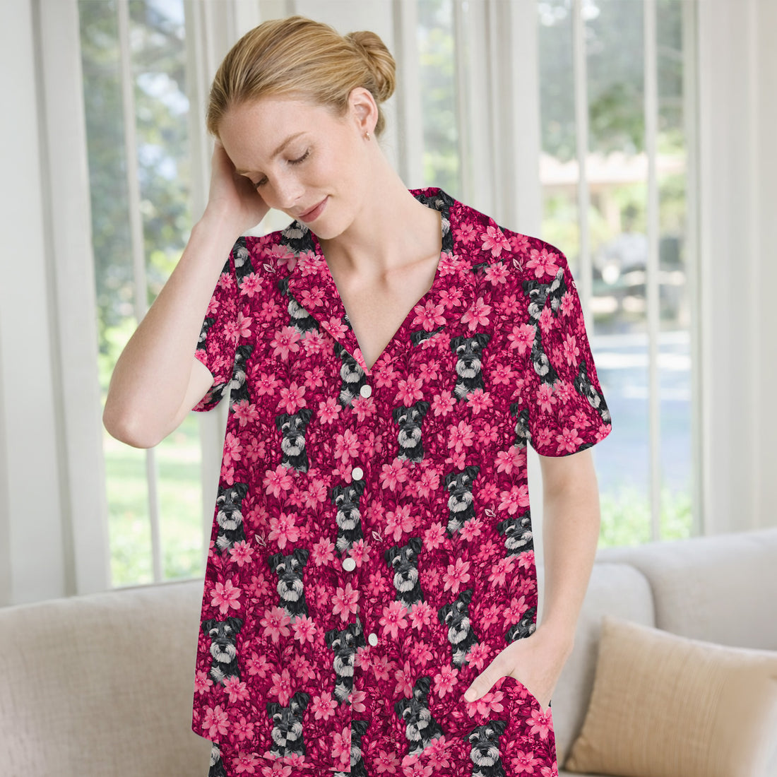 Pink Floral Schnauzer Pattern Pajama Set, Soft Breathable Fabric Comfortable Sleepwear