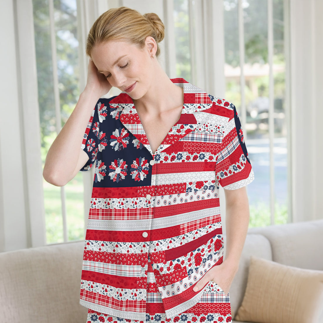 Patriotic Floral Flag Patchwork Pattern Pajama Set, Soft Breathable Fabric Comfortable Sleepwear