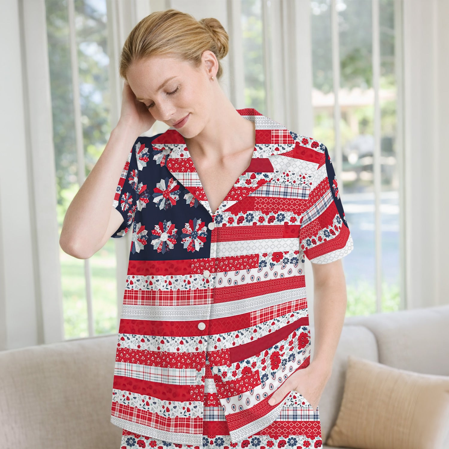 Patriotic Floral Flag Patchwork Pattern Pajama Set, Soft Breathable Fabric Comfortable Sleepwear