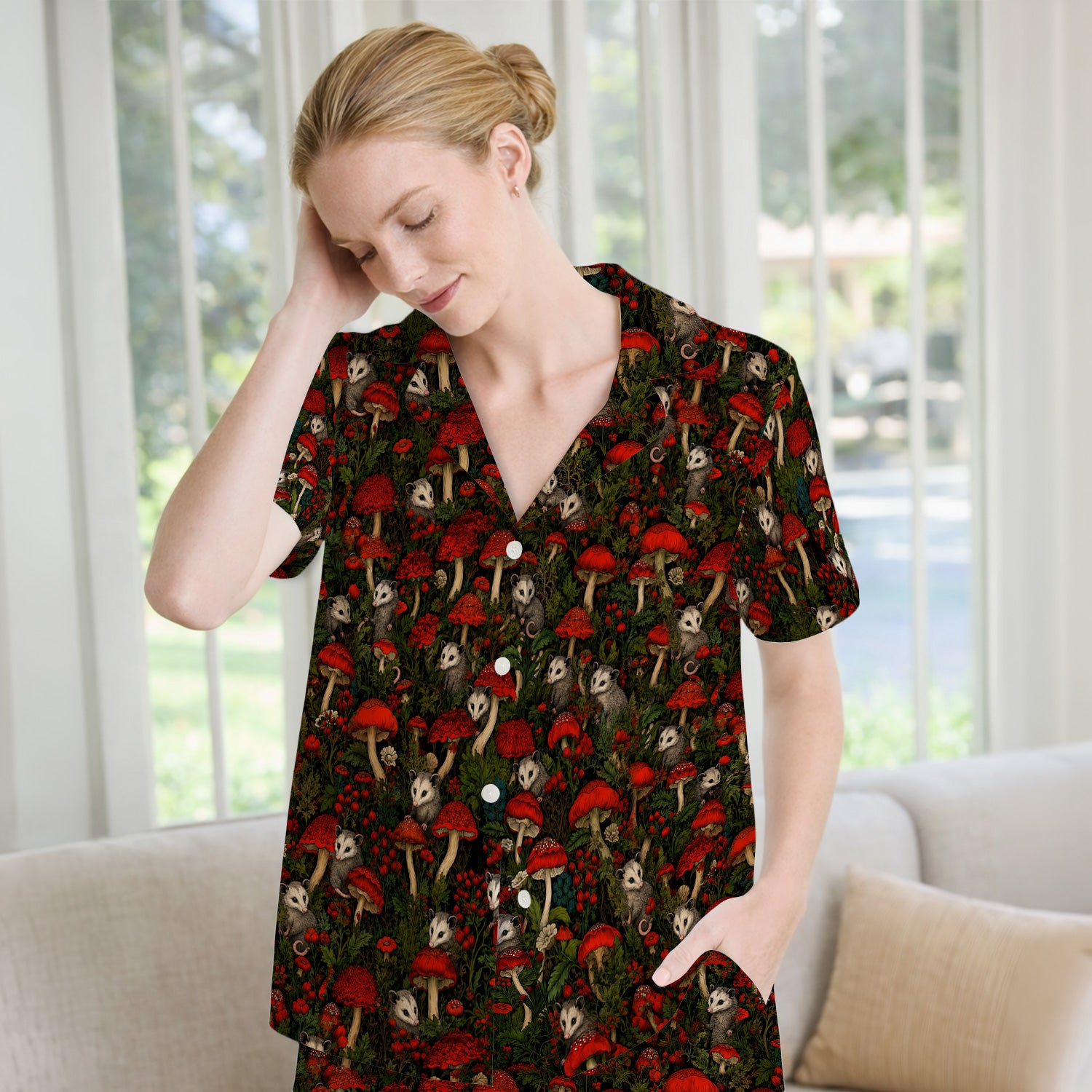 Woodland Opossum Red Mushroom Pattern Pajama Set, Soft Breathable Fabric Comfortable Sleepwear