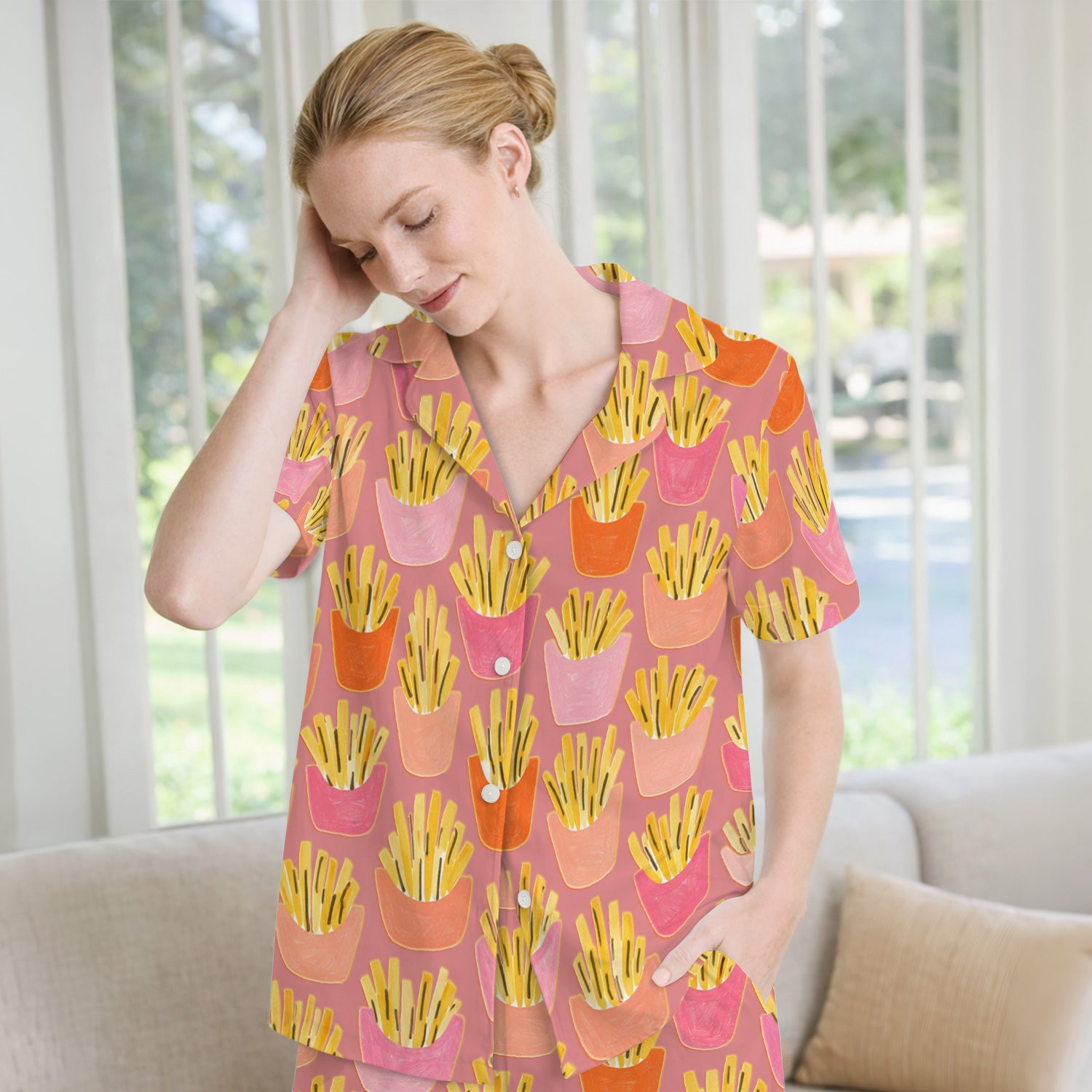 Funny French Fries Snack Food Pattern Pajama Set, Breathable Fabrics Uniform