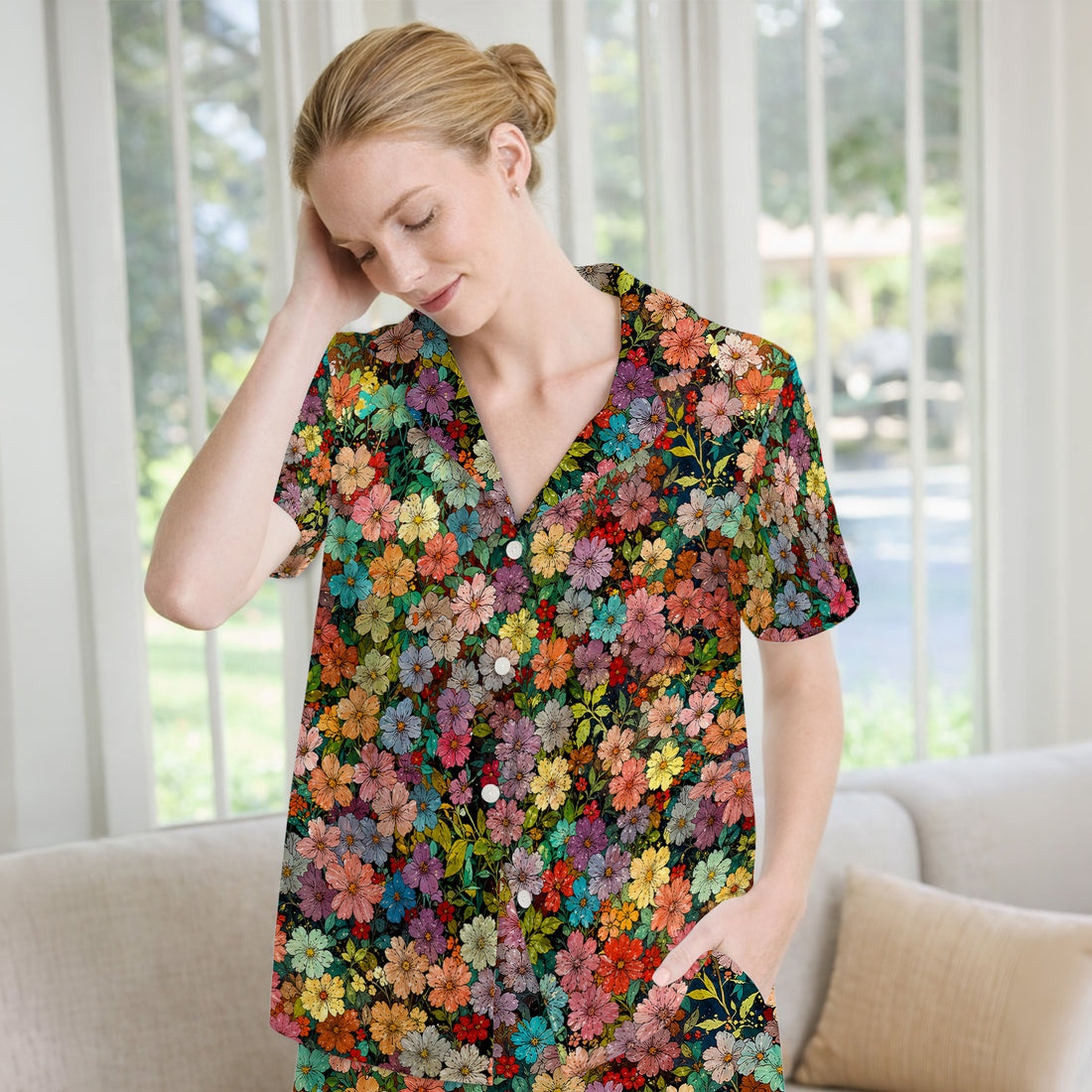 Colorful Wildflower Garden Bloom Pattern Pajama Set, Soft Breathable Fabric Comfortable Sleepwear