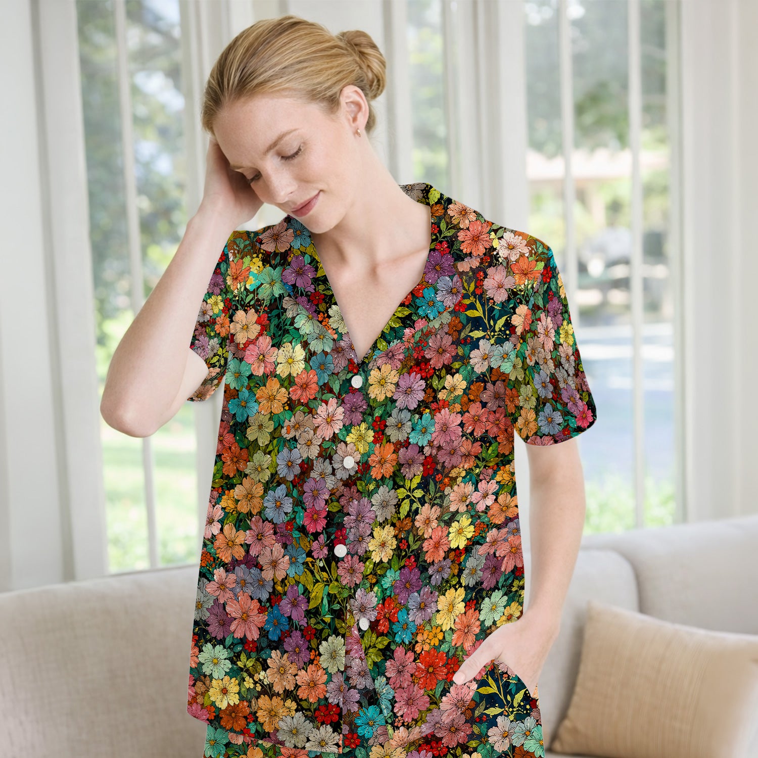 Colorful Wildflower Garden Bloom Pattern Pajama Set, Soft Breathable Fabric Comfortable Sleepwear