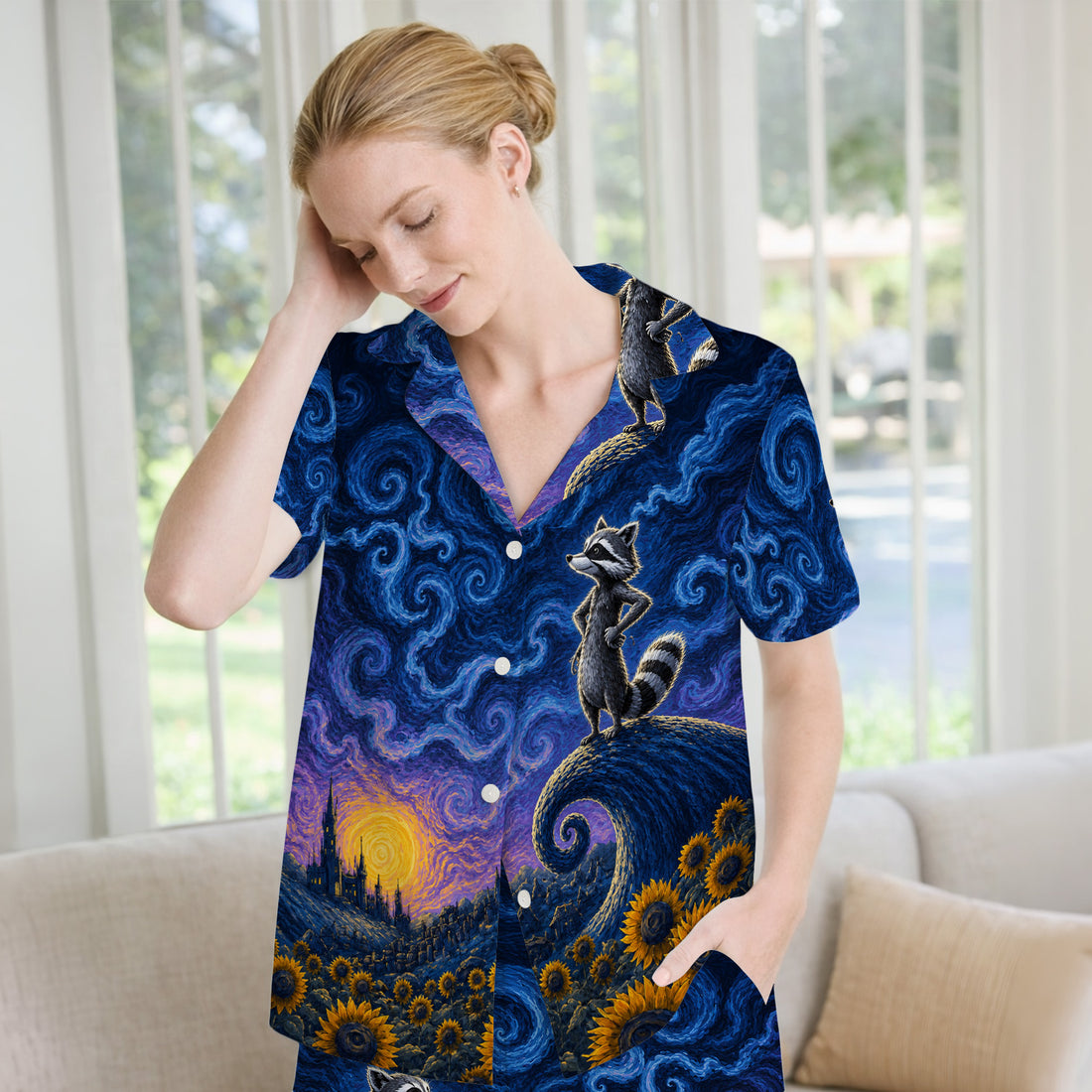 Starry Raccoon Print Pajama Set, Soft Breathable Fabric Comfortable Sleepwear
