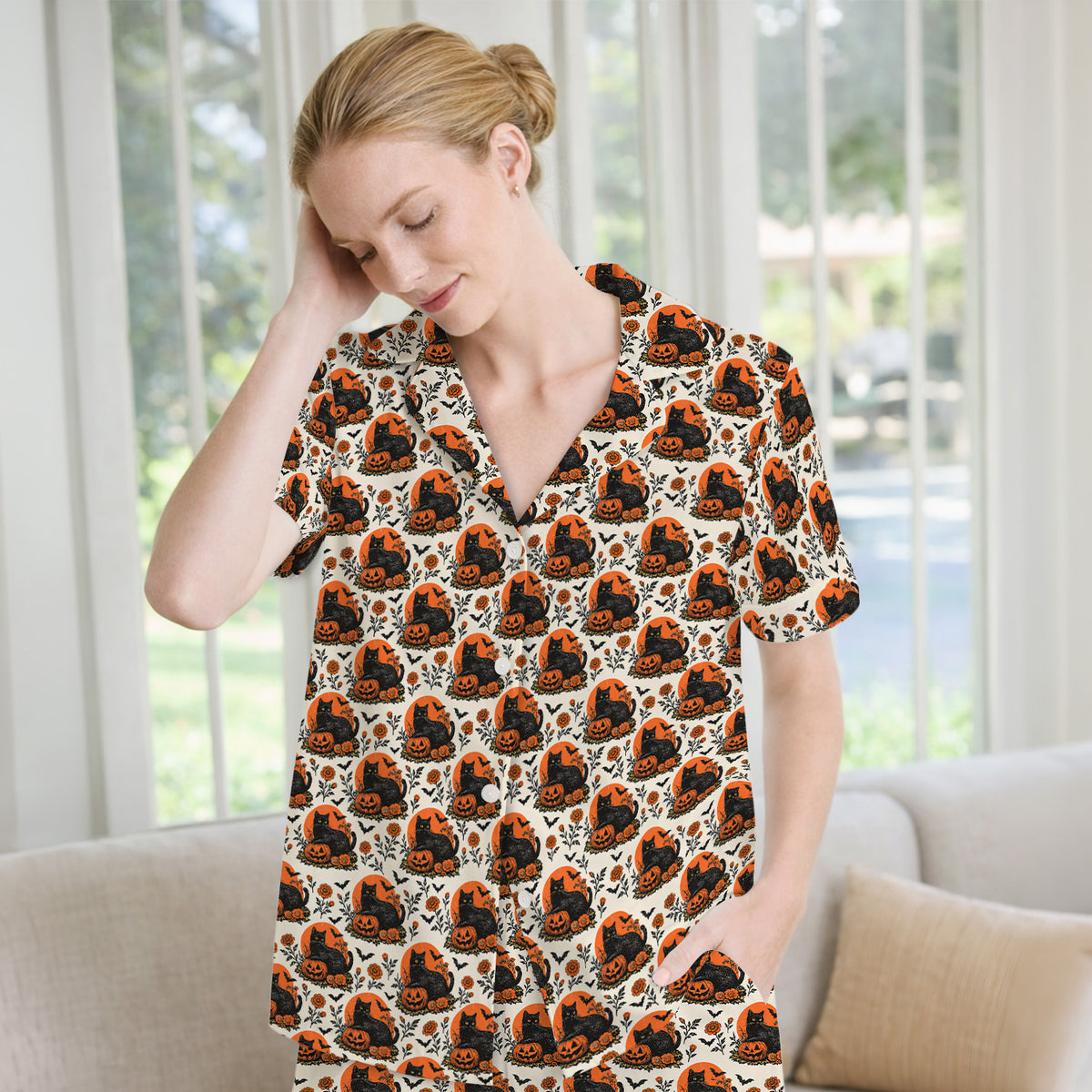 Buntes Pyjama-Set mit Neon-Katzengesichtern, weicher, atmungsaktiver Stoff, bequeme Nachtwäsche