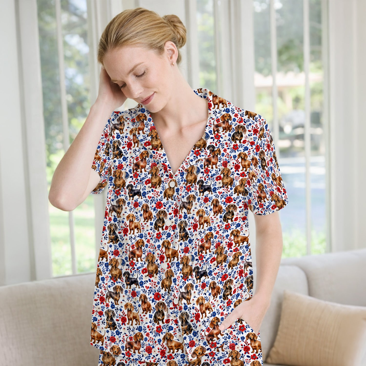 Floral Dachshund Nurse Pattern Pajama Set, Soft Breathable Fabric Comfortable Sleepwear