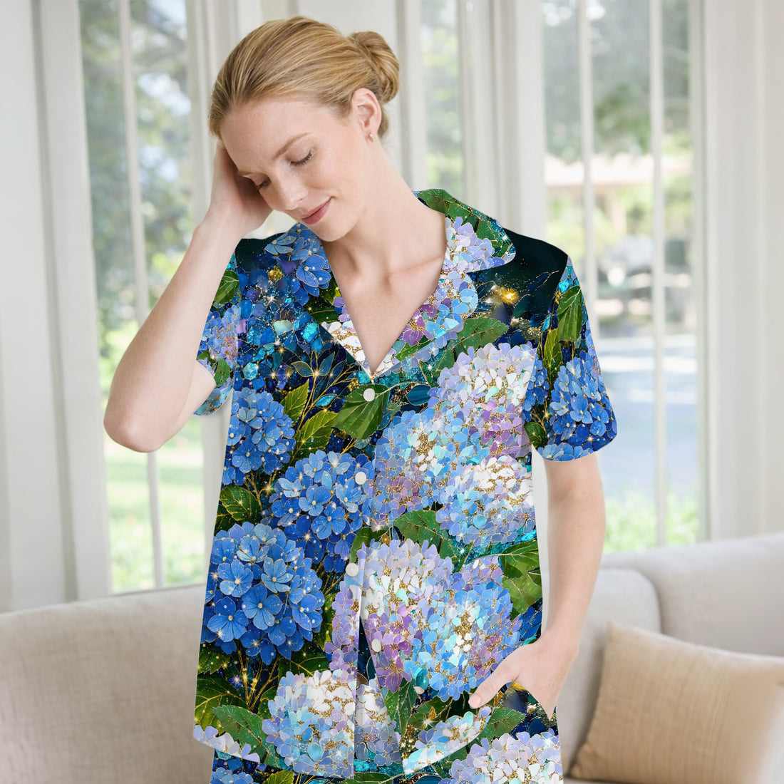 Blue Hydrangea Floral Pattern Pajama Set, Breathable Fabrics Uniform