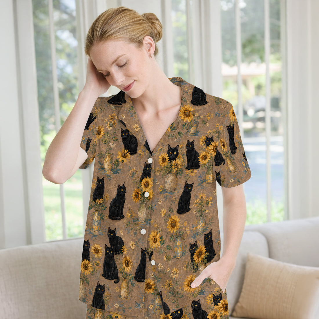 Rustic Sunflower Black Cat Print Pajama Set, Soft Breathable Fabric Comfortable Sleepwear