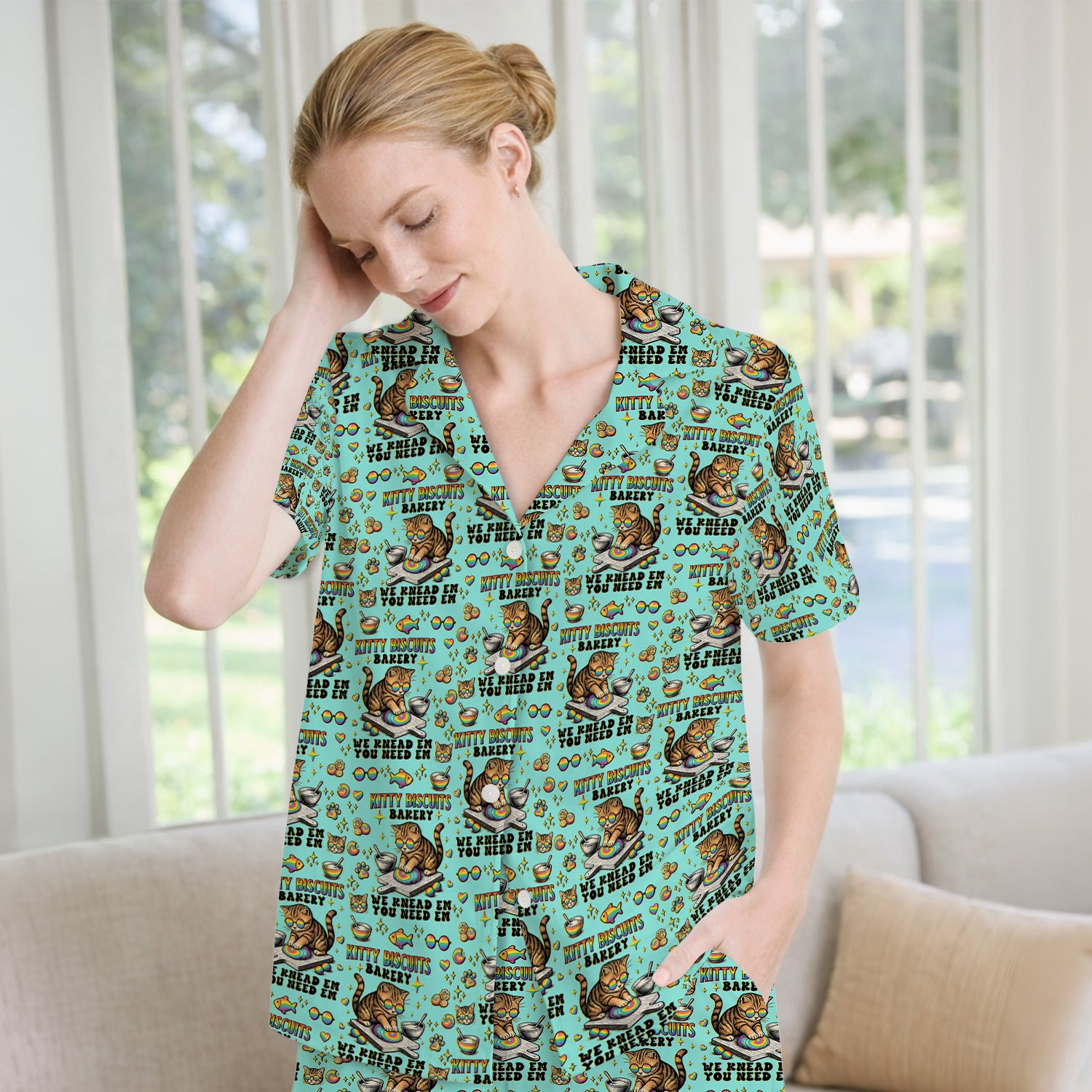 Pride Nurse Cat Baking Rainbow Dough Pattern Pajama Set, Breathable Fabrics Uniform