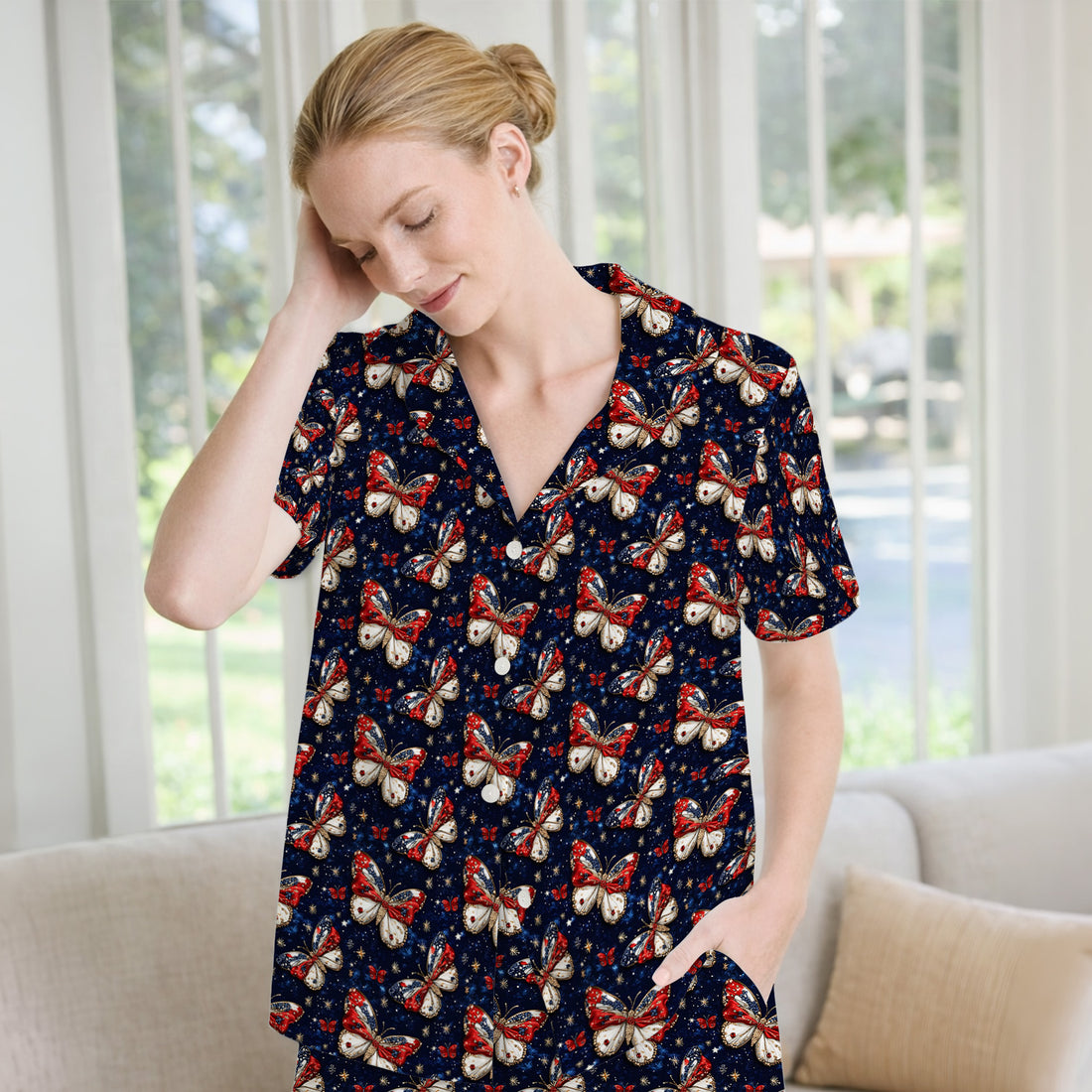 Patriotic Butterfly Nurse for RN & CNA, Americana Stars Healthcare Workers Uniform Pajama Set, Soft Breathable Fabric Comfortable Sleepwear