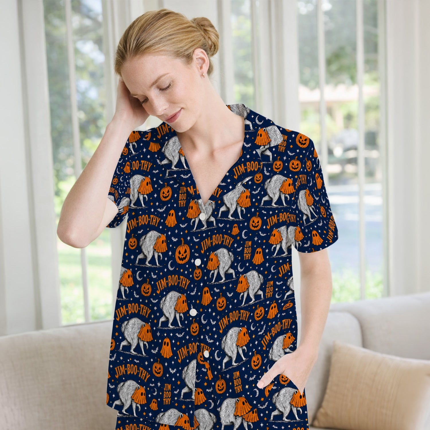 Funny Halloween Ghost Jimothy Pattern Pajama Set, Soft Breathable Fabric Comfortable Sleepwear