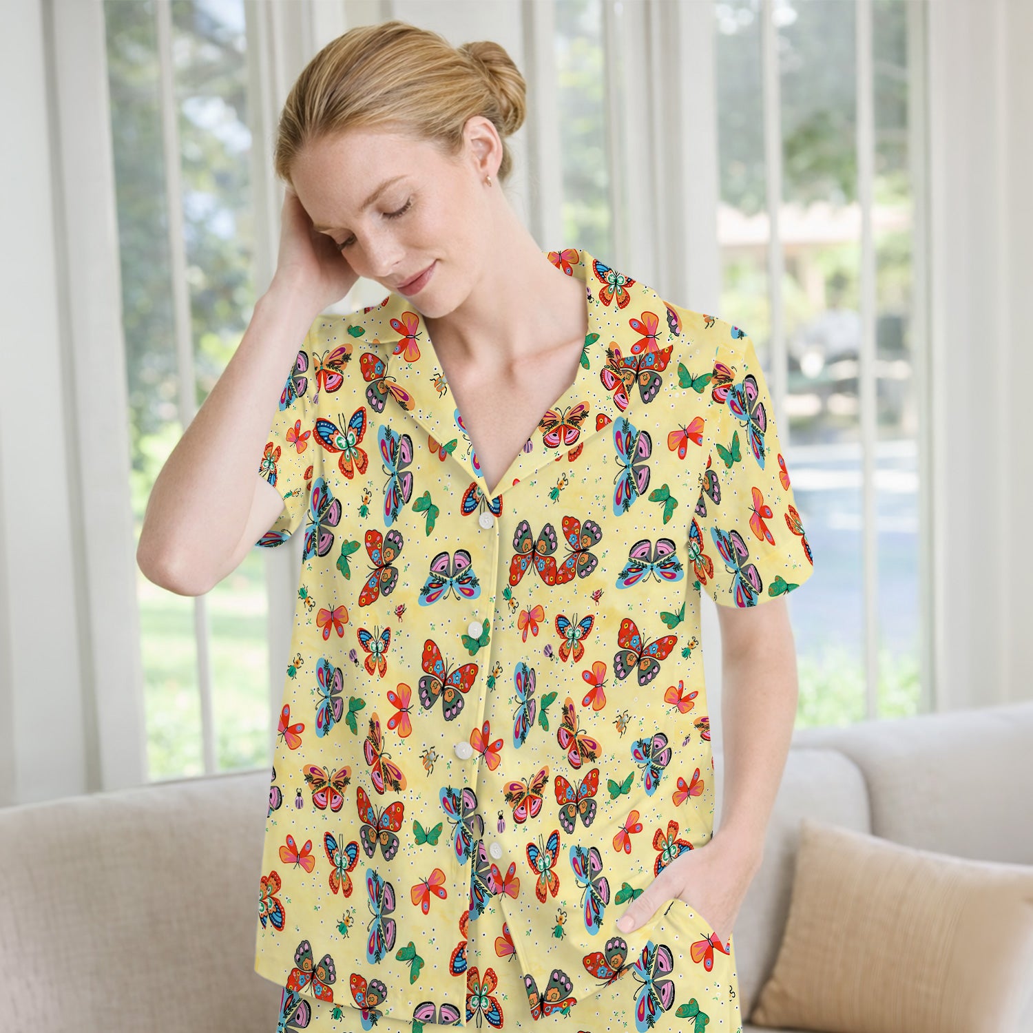 Colorful Butterfly Garden Pattern Pajama Set, Soft Breathable Fabric Comfortable Sleepwear