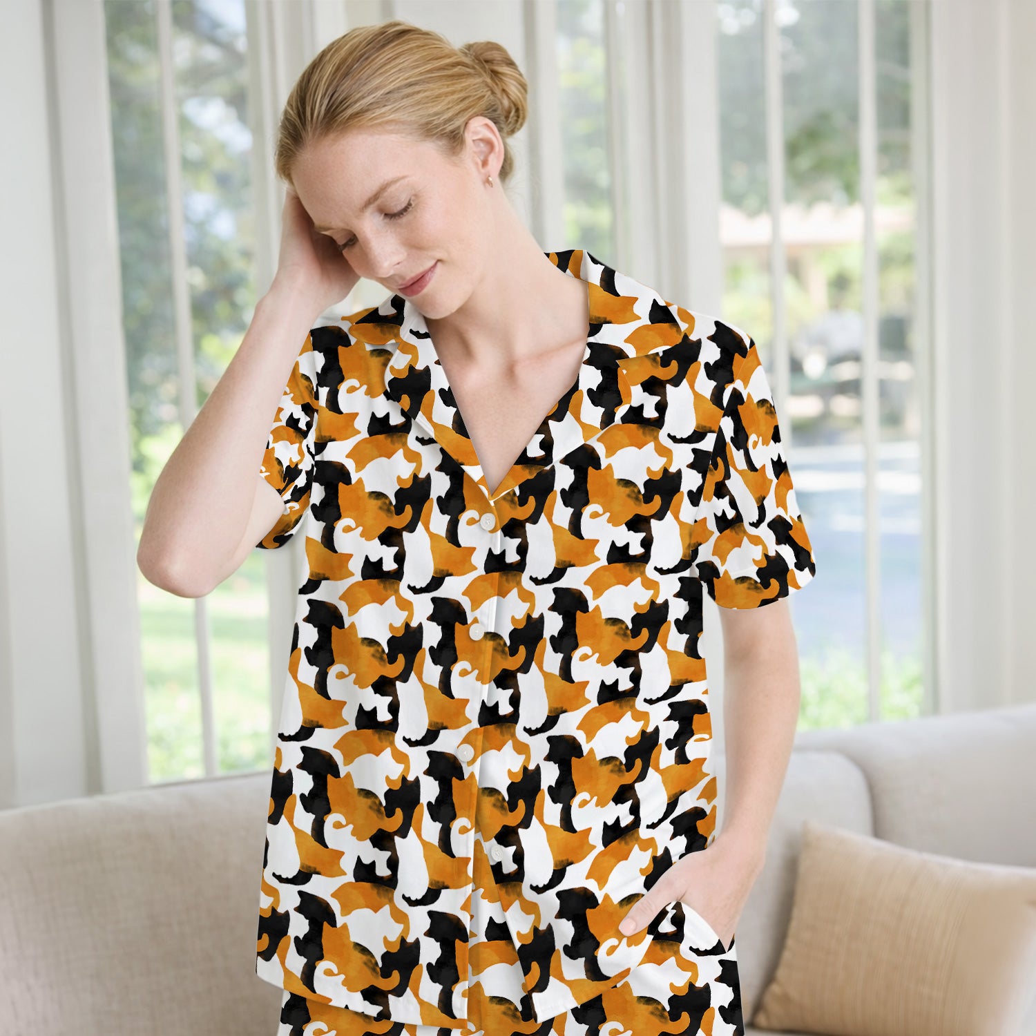 Calico Cat Silhouette Pattern Pajama Set, Soft Breathable Fabric Comfortable Sleepwear