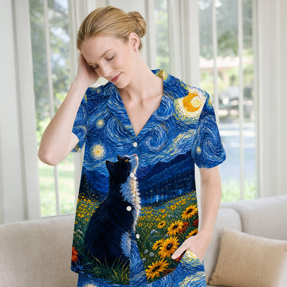 Starry Cat Night Veterinary Nurse Pattern Pajama Set, Soft Breathable Fabric Comfortable Sleepwear