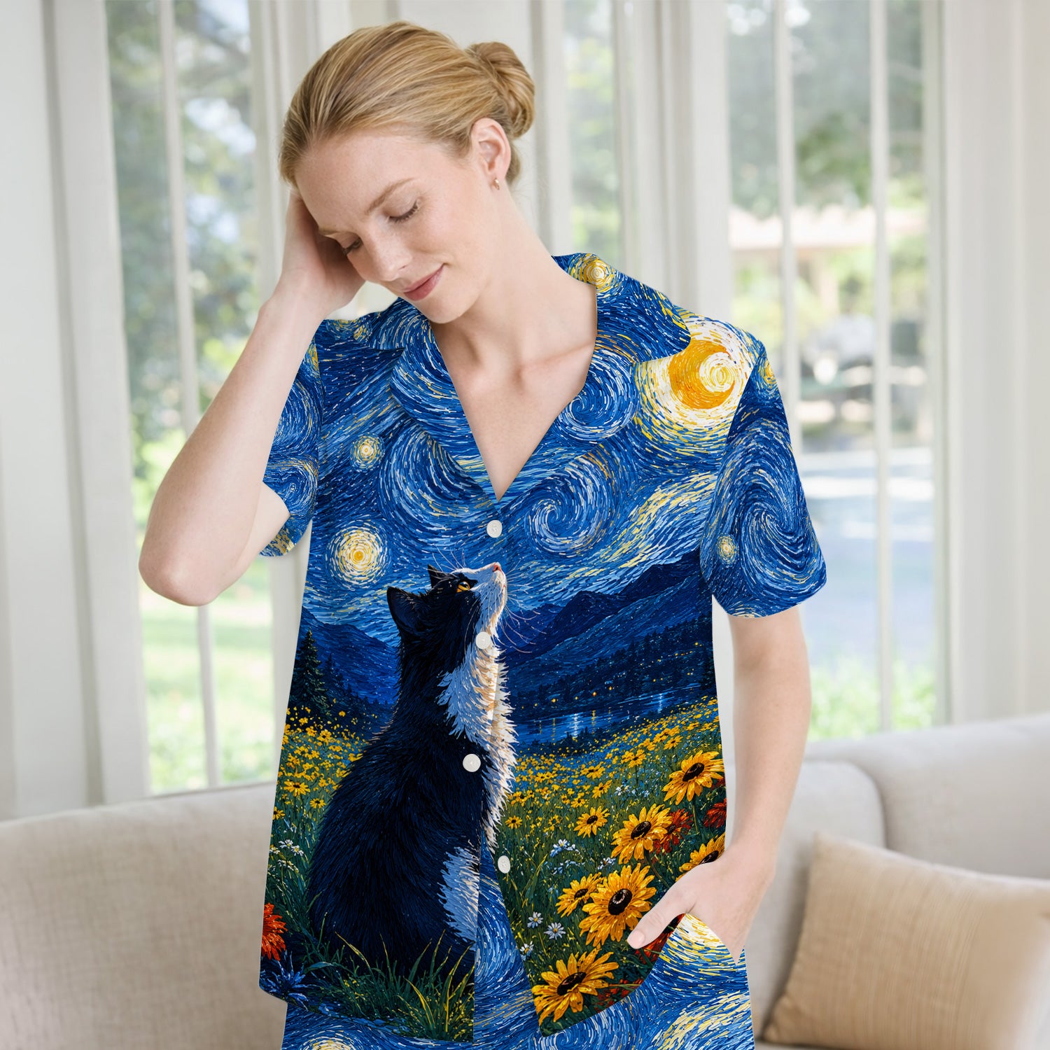 Starry Cat Night Veterinary Nurse Pattern Pajama Set, Soft Breathable Fabric Comfortable Sleepwear