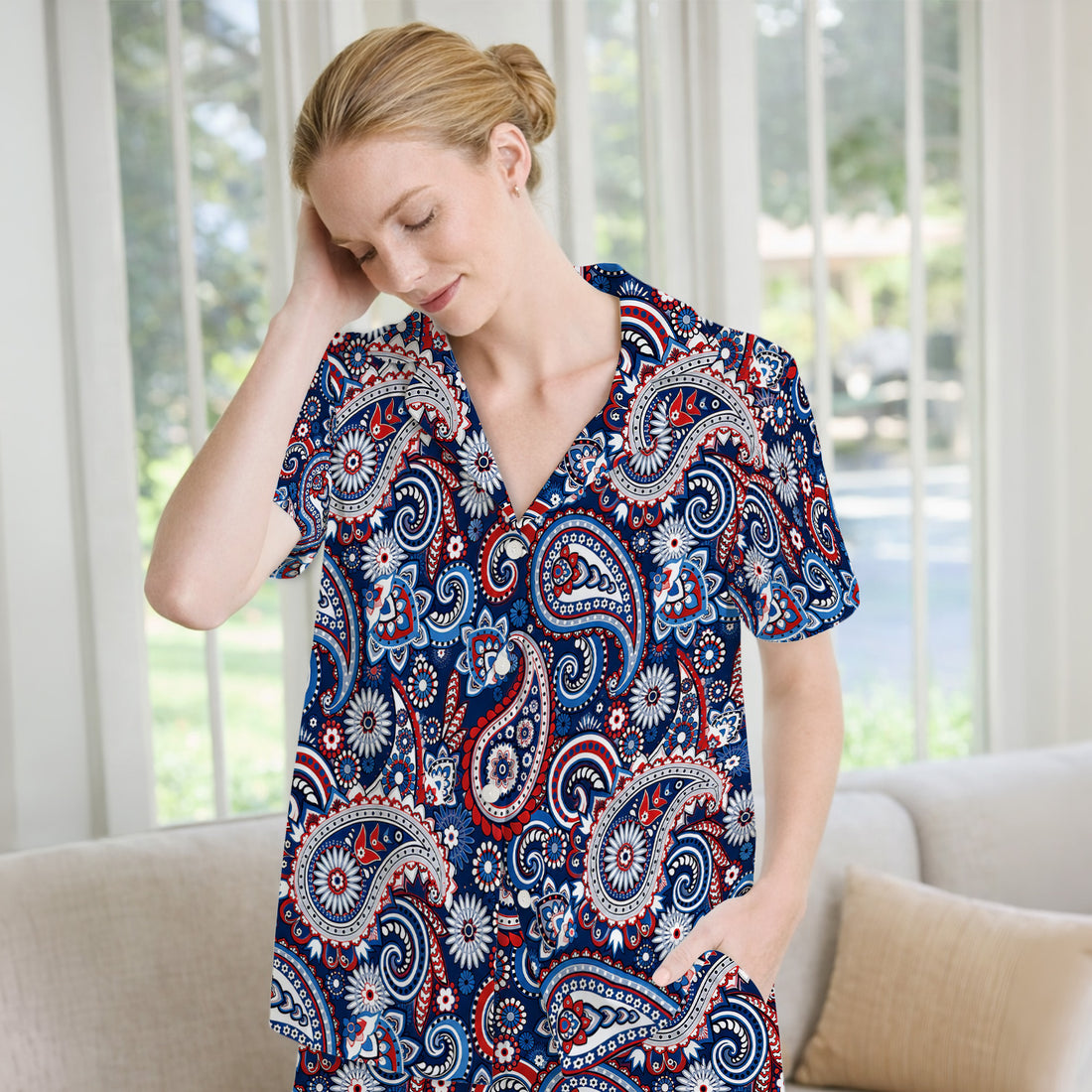 Patriotic Red White Blue Paisley Pattern Pajama Set, Soft Breathable Fabric Comfortable Sleepwear