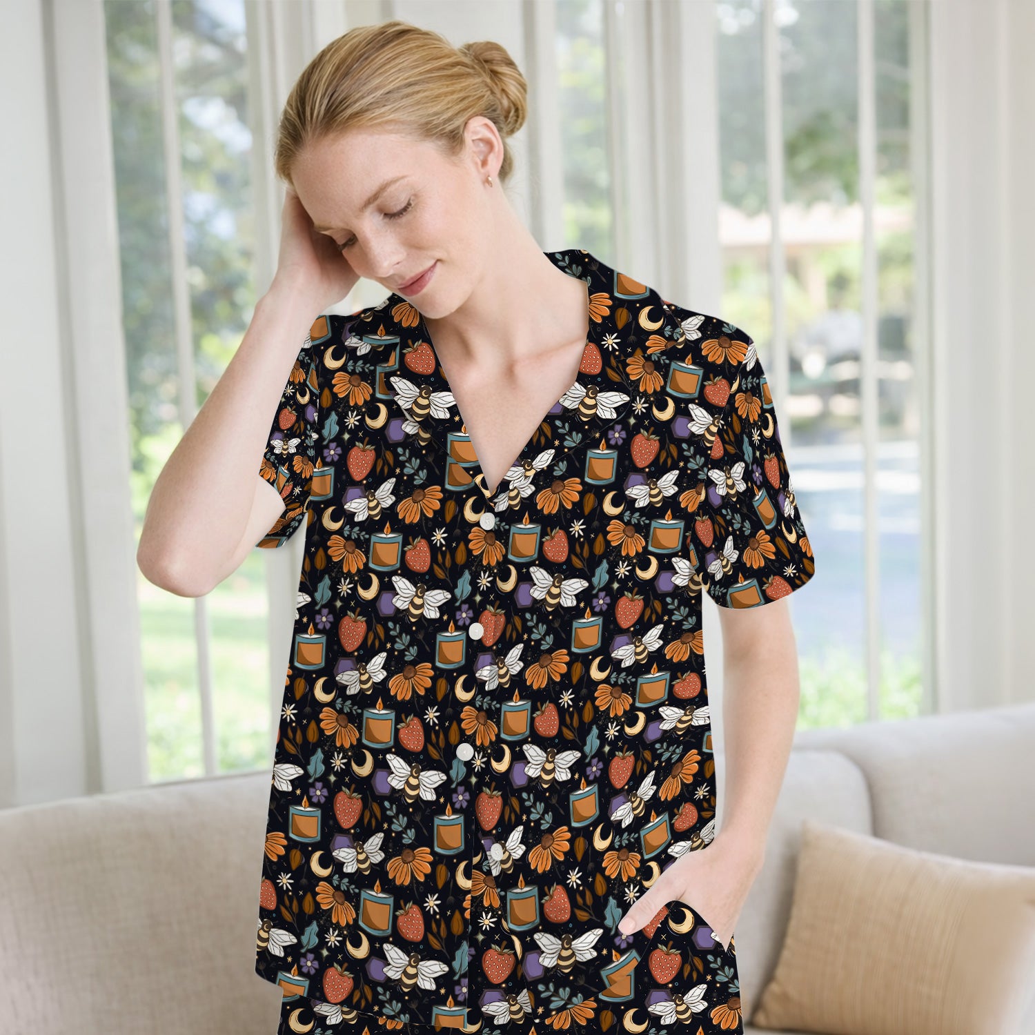 Bee Strawberry Floral Candle Pattern Pajama Set, Breathable Fabrics Uniform