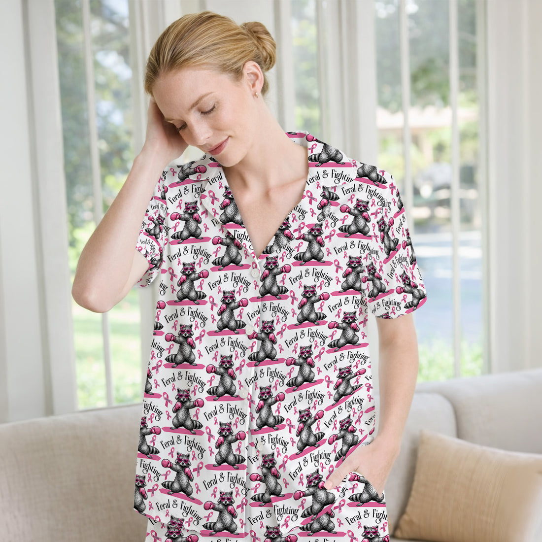 Breast Cancer Awareness Raccoon Pajama Set, Soft Breathable Fabric Comfortable Sleepwear
