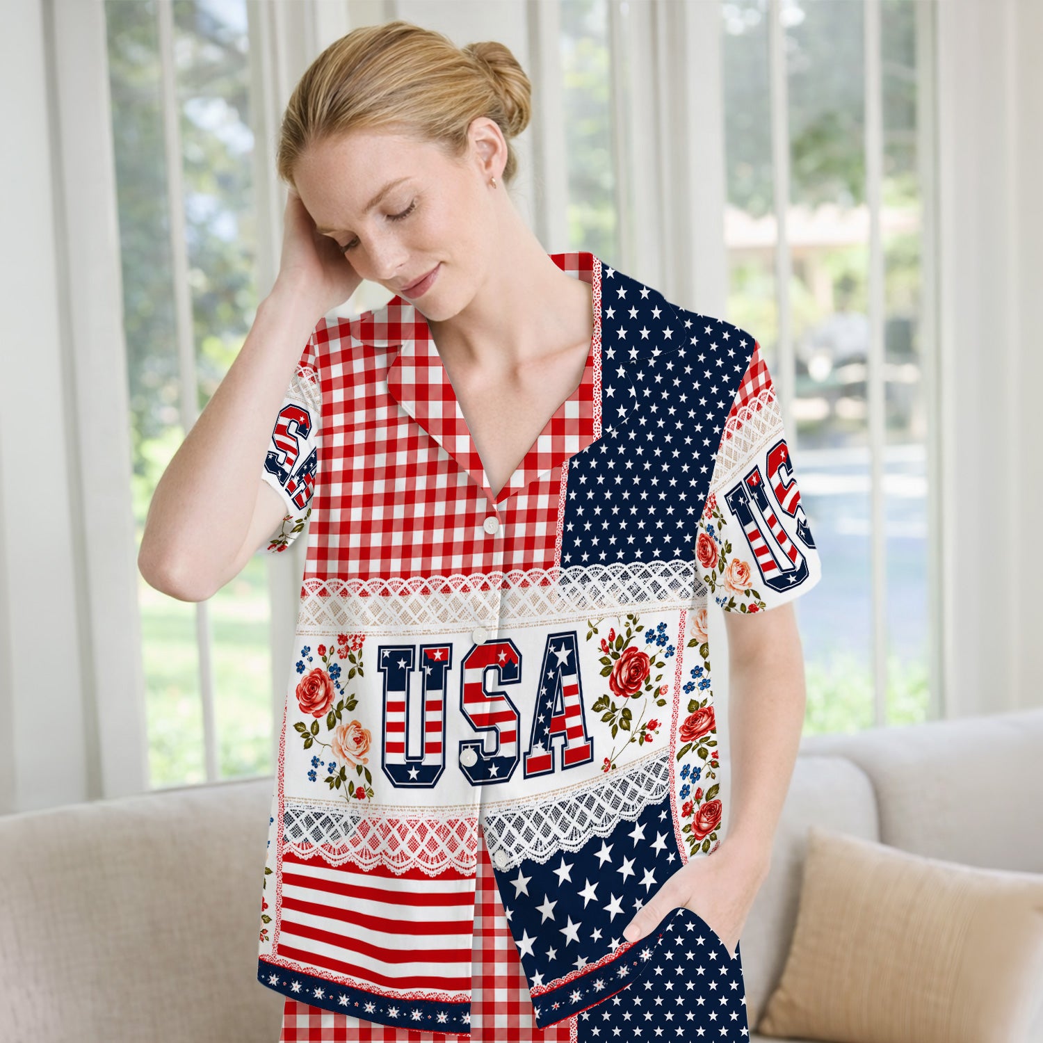 Patriotic Patchwork with USA Flag Pattern Pajama Set, Soft Breathable Fabric Comfortable Sleepwear