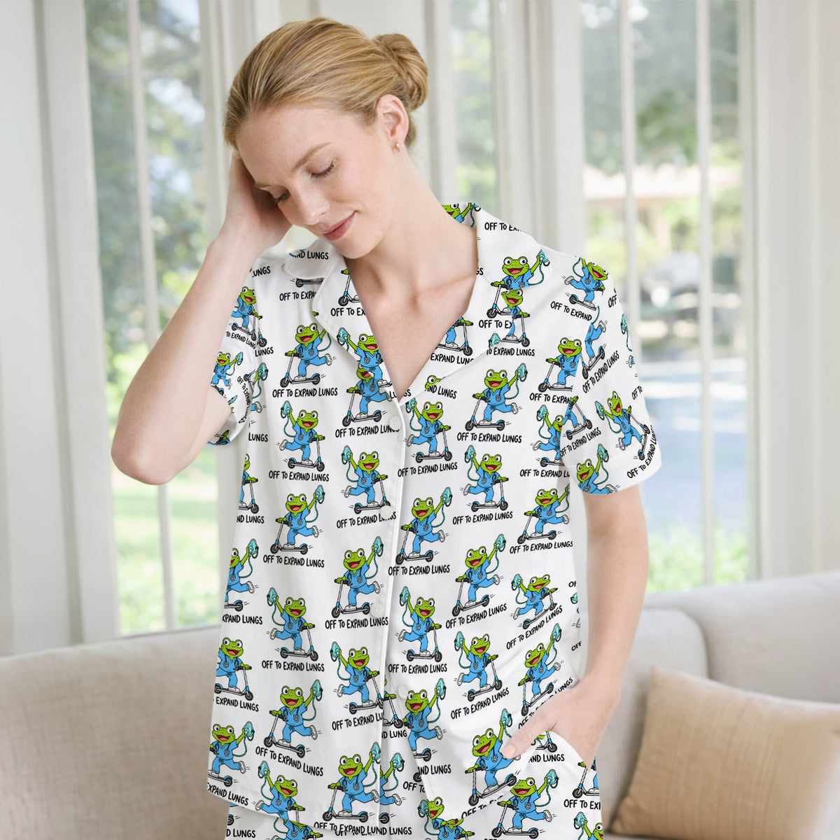Off To Expand Lungs Frog Pattern Pajama Set, Soft Breathable Fabric Comfortable Sleepwear