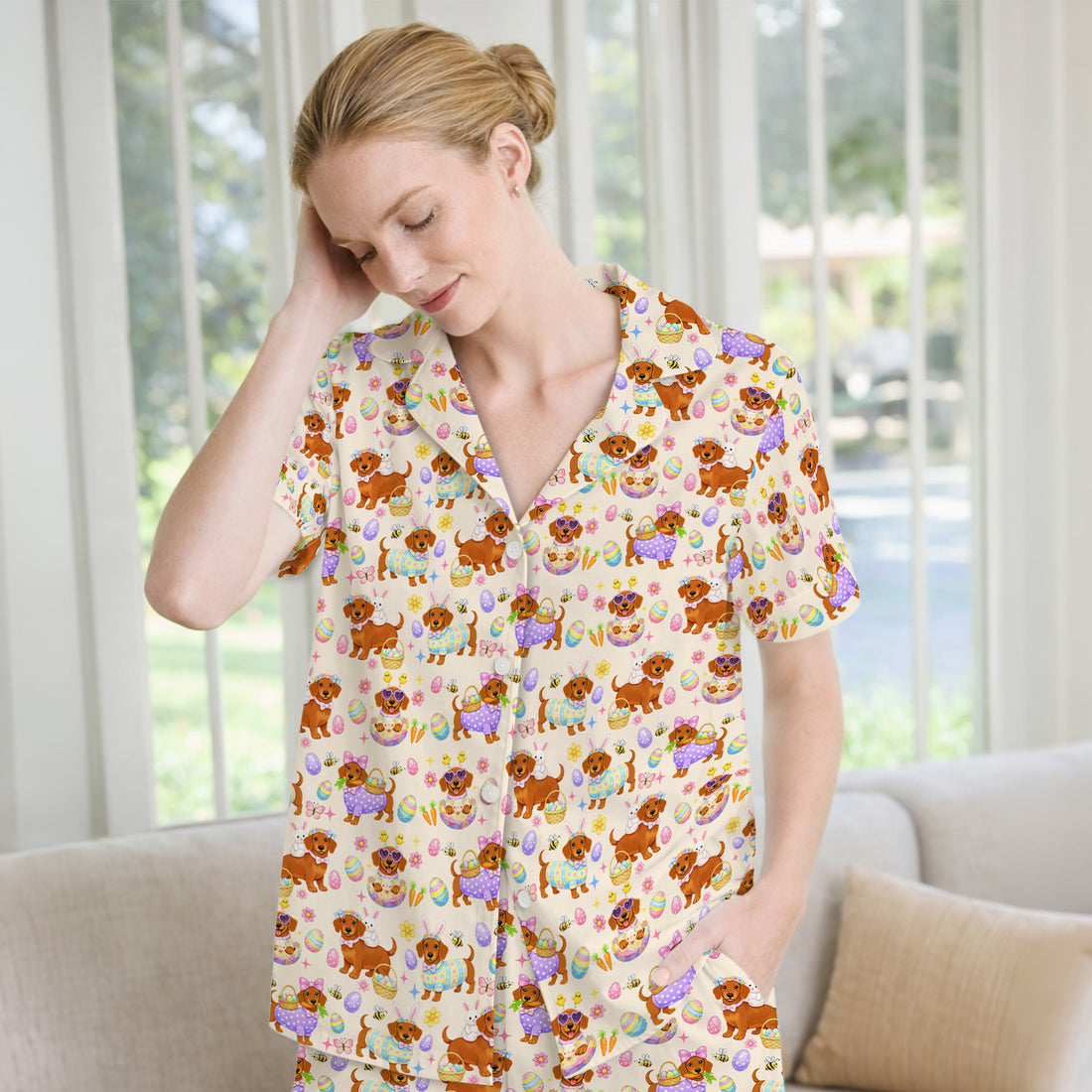 Cute Easter Dachshund Dog Pattern Pajama Set, Breathable Fabrics Uniform