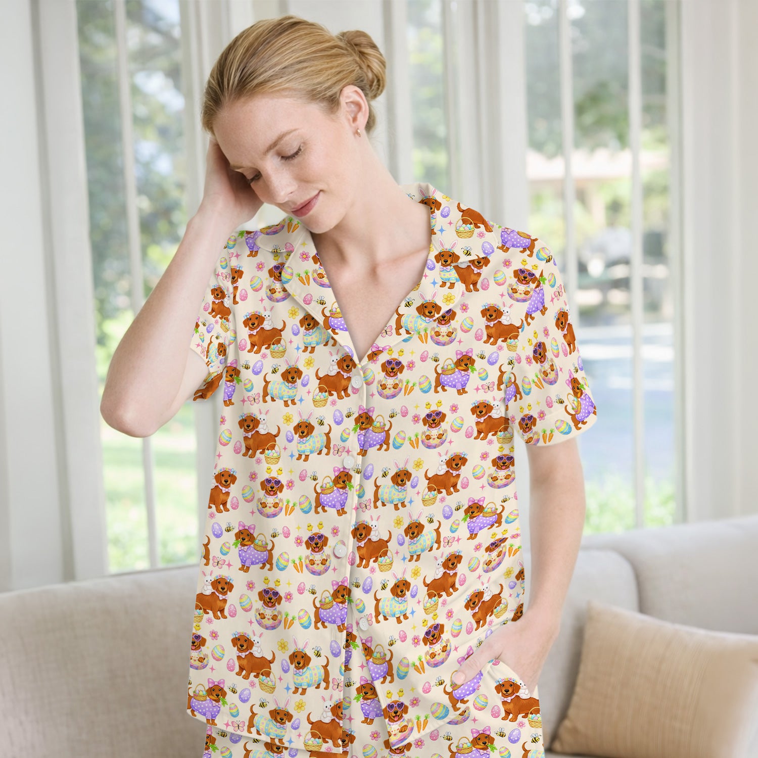 Cute Easter Dachshund Dog Pattern Pajama Set, Breathable Fabrics Uniform
