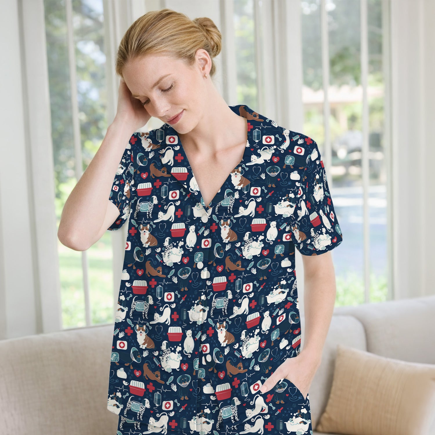 Dogs With Veterinary Tools And Paw Print Pajama Set, Breathable Fabrics Uniform