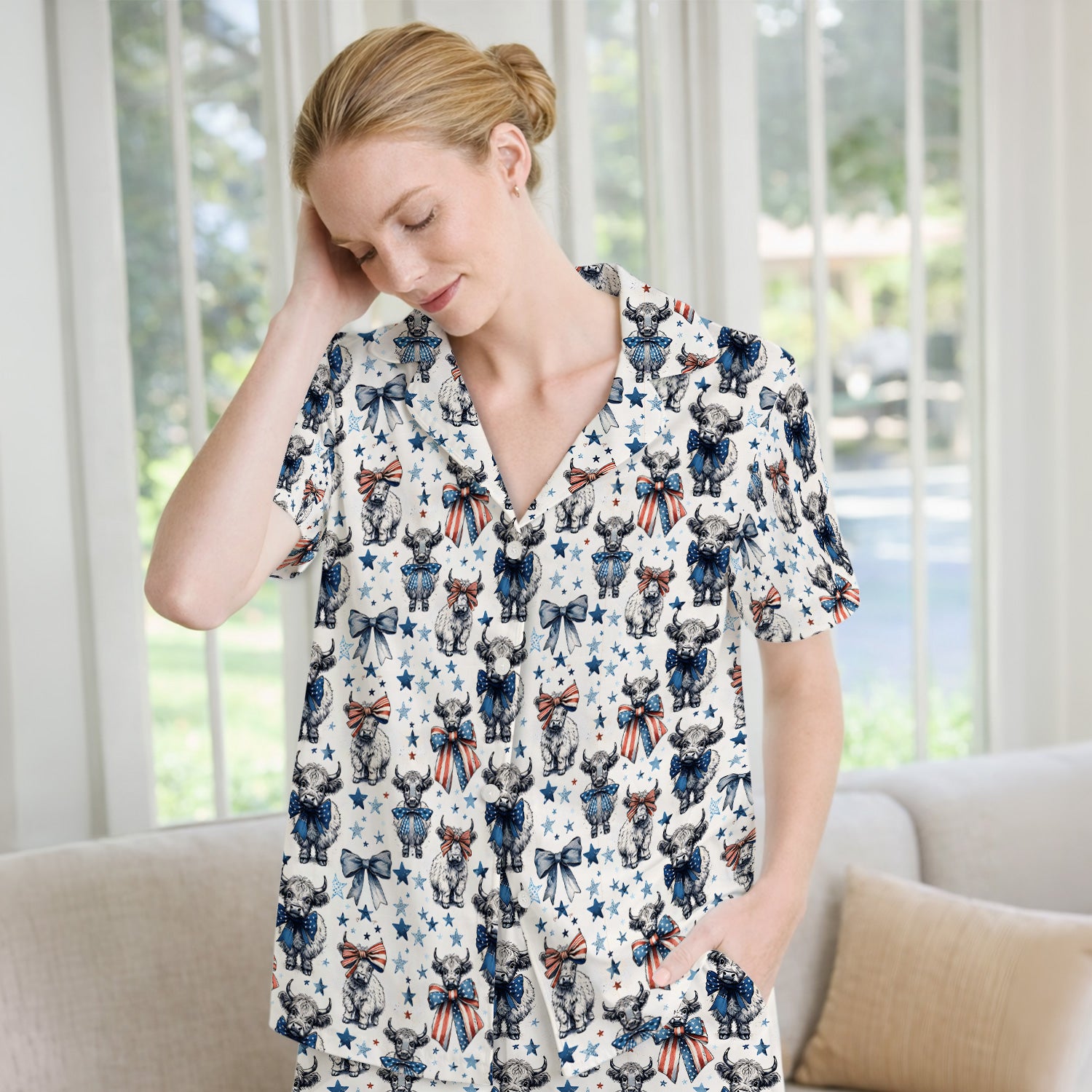 Patriotic Highland Cow Stars Pattern Pajama Set, Soft Breathable Fabric Comfortable Sleepwear