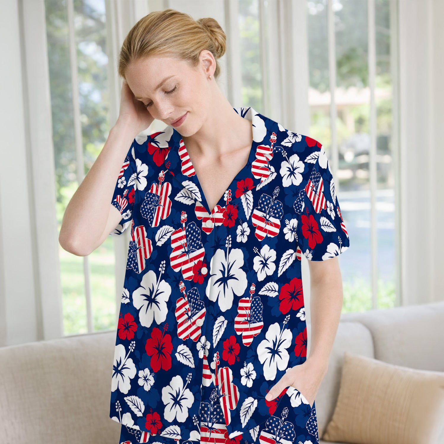 Patriotic Hibiscus Flag Floral Print Pajama Set, Soft Breathable Fabric Comfortable Sleepwear