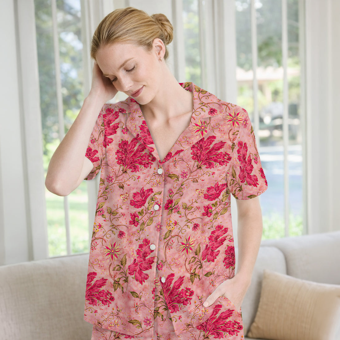 Elegant Pink Floral Vine Pajama Set, Soft Breathable Fabric Comfortable Sleepwear