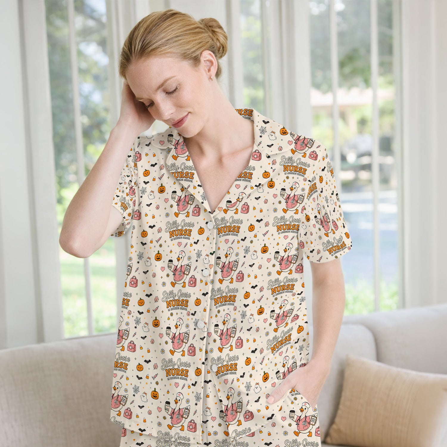 Funny Halloween Silly Goose Pattern Pajama Set, Soft Breathable Fabric Comfortable Sleepwear