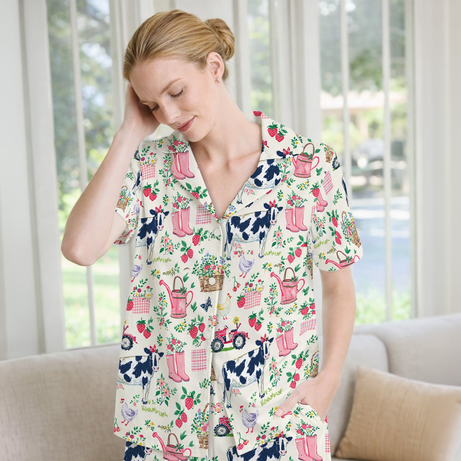 Strawberry Cow Country Style Pajama Set, Breathable Fabrics Uniform