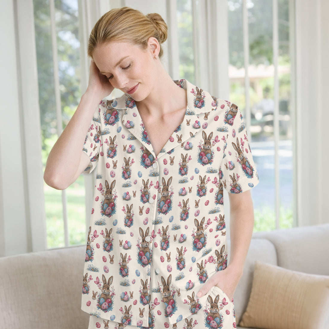 Pastel Easter Bunny Nest Pattern Pajama Set, Breathable Fabrics Uniform