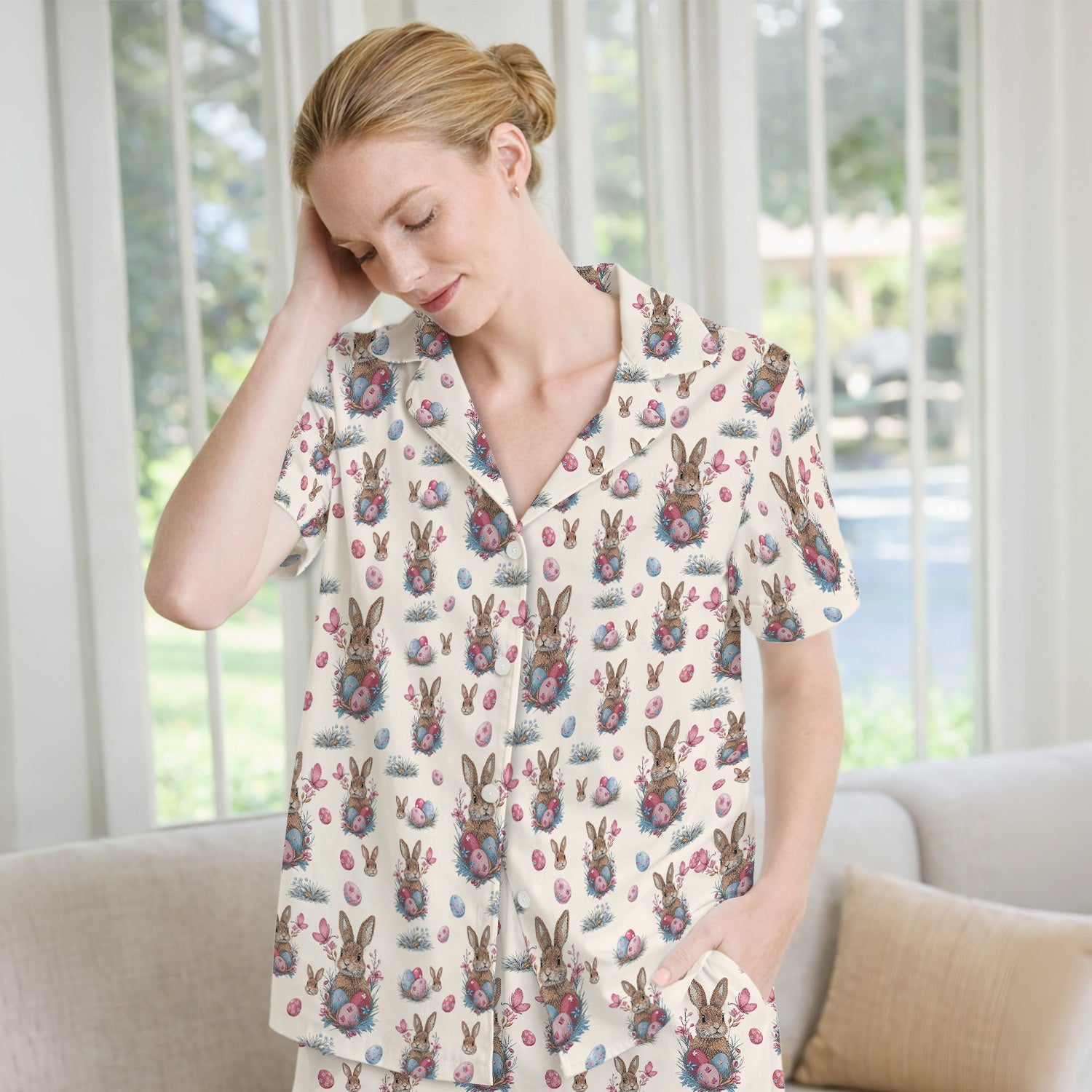 Pastel Easter Bunny Nest Pattern Pajama Set, Breathable Fabrics Uniform