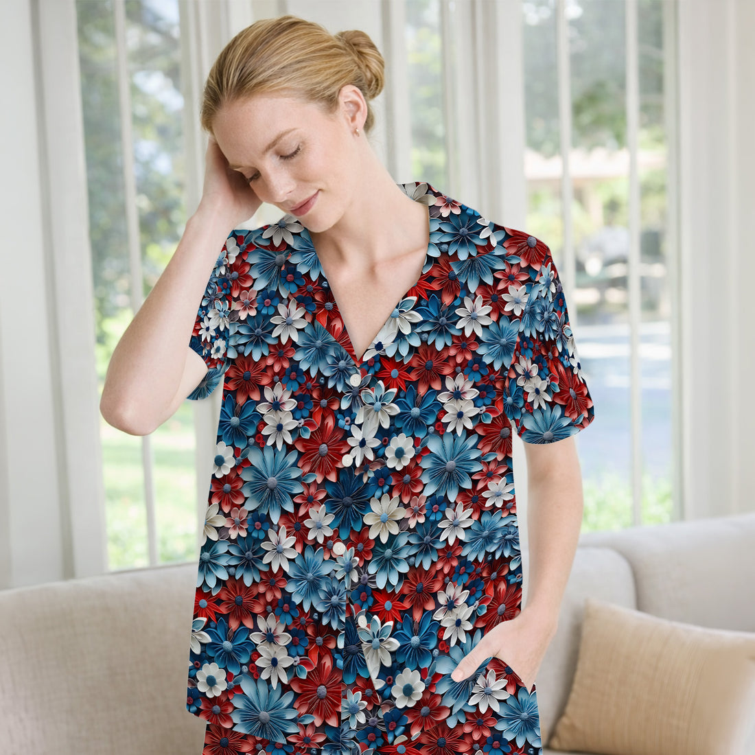 Patriotic 3D Floral Nurse for RN & CNA, Red Blue White Healthcare Workers Uniform Pajama Set, Soft Breathable Fabric Comfortable Sleepwear