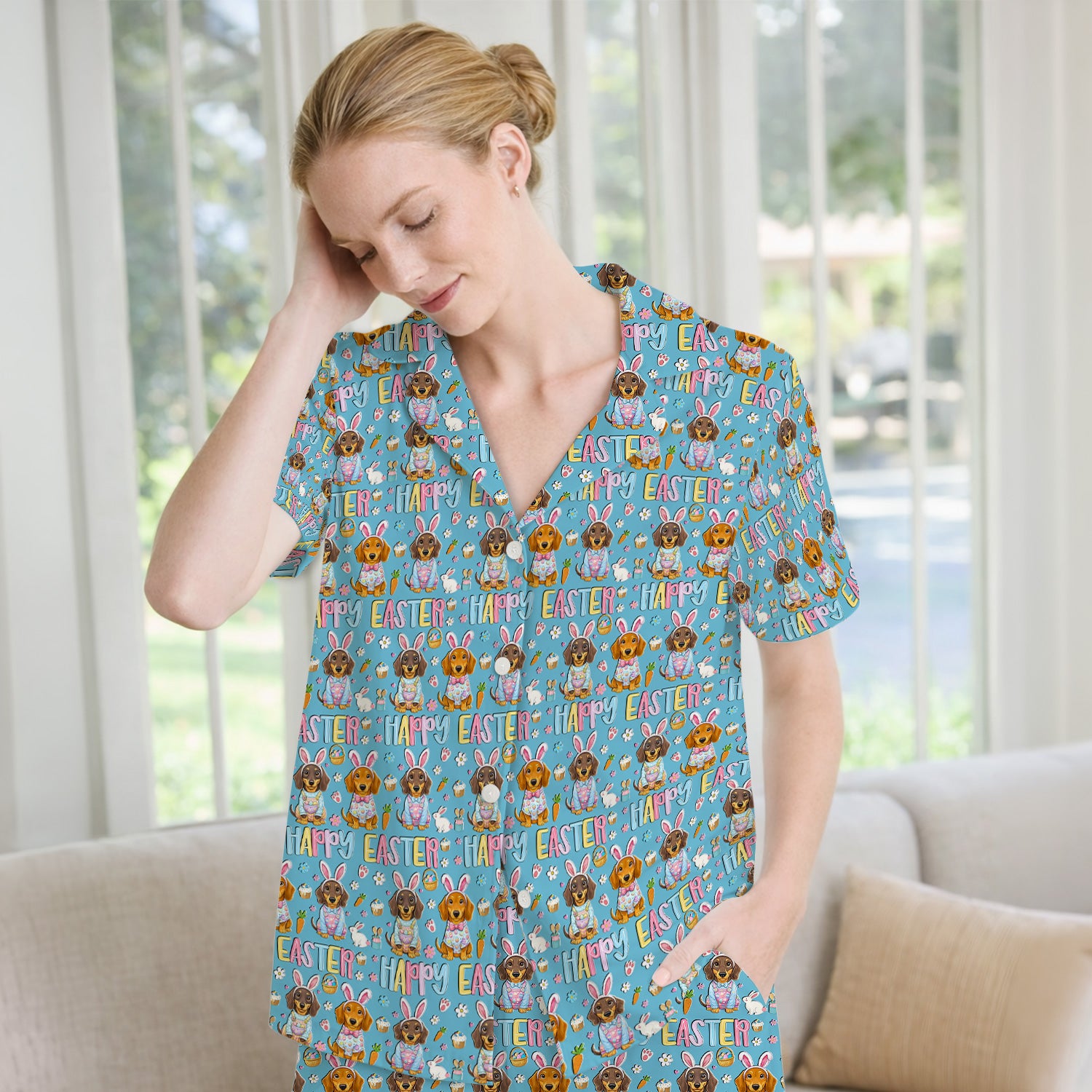 Happy Easter Dachshund Bunny Print Pajama Set, Breathable Fabrics Uniform