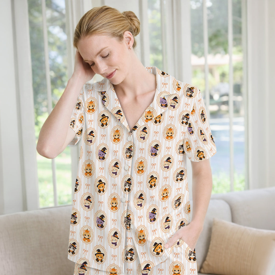 Cute Halloween Cat Stripe Pattern Pajama Set, Soft Breathable Fabric Comfortable Sleepwear