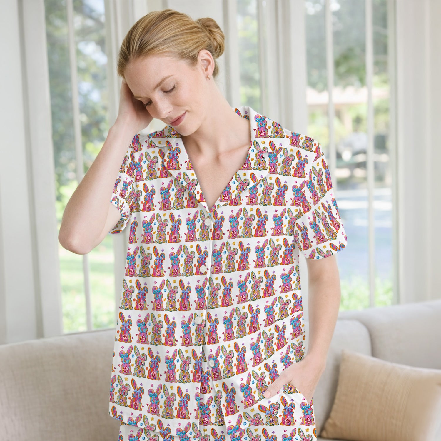 Cute Pastel Bunny Floral Pattern Pajama Set, Breathable Fabrics Uniform