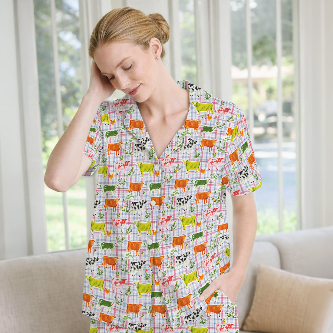 Colorful Farm Cow Plaid Print Pajama Set, Soft Breathable Fabric Comfortable Sleepwear